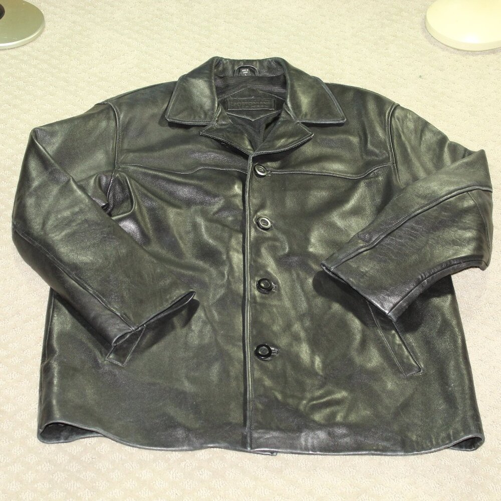 Bostonian Mens Large Leather Coat Jacket Black Soft Supple 4 Button Fully Lined